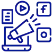 Blue icon featuring a megaphone, laptop, and other social media platforms.